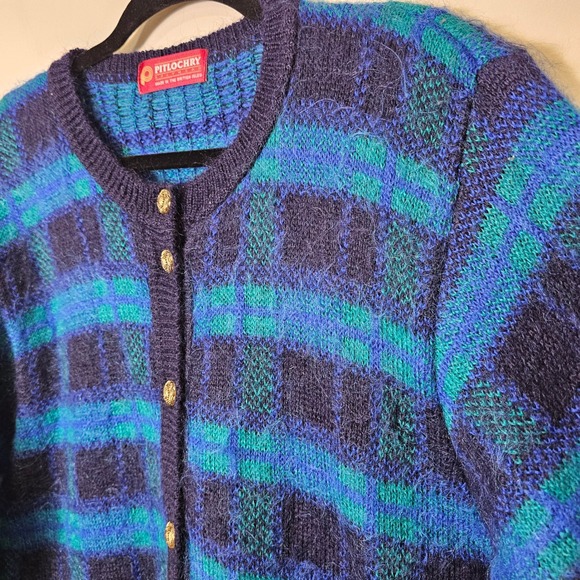 VTG Pitlochry L Mohair Blend Cardigan Blue Plaid Old Money Heritage Preppy UK - Picture 4 of 10